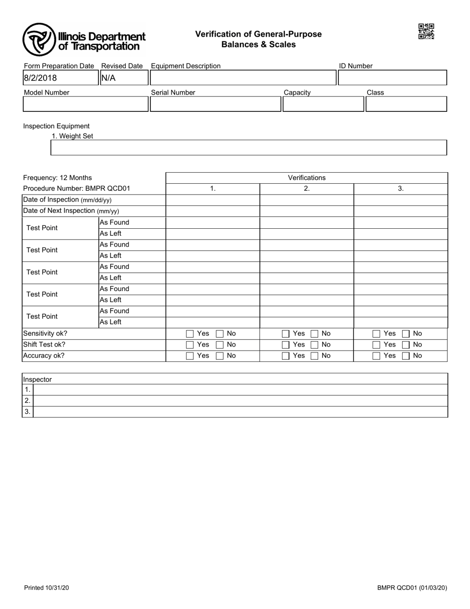 Form BMPR QCD01 Verification of General-Purpose Balances  Scales - Illinois, Page 1