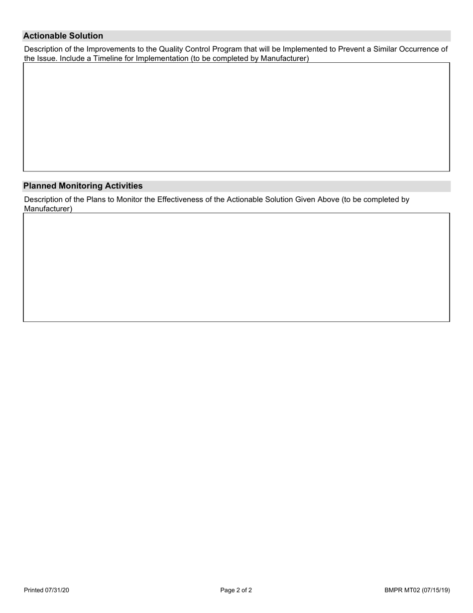 Form BMPR MT02 Corrective Action Report - Illinois, Page 2