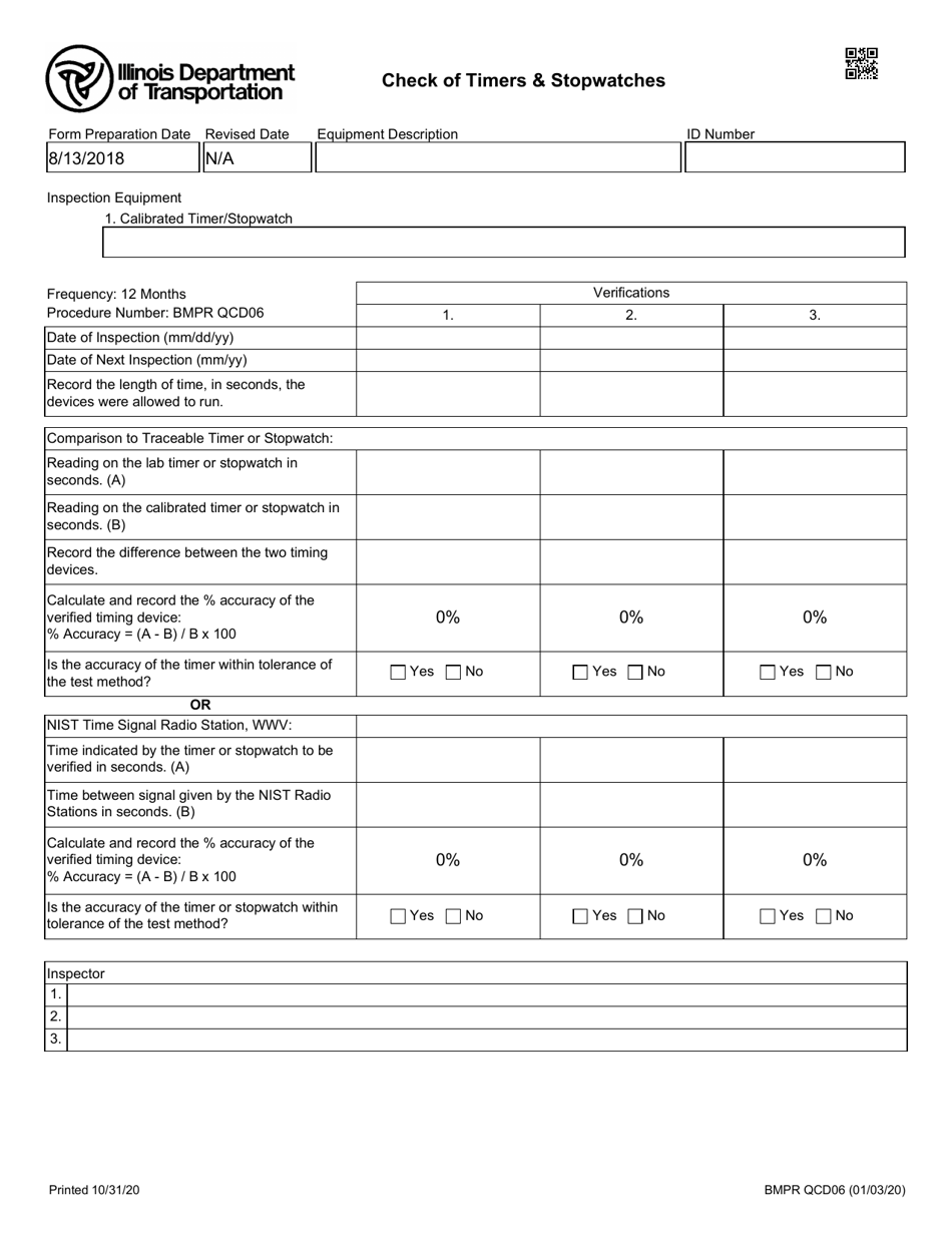 Form BMPR QCD06 Check of Timers  Stopwatches - Illinois, Page 1