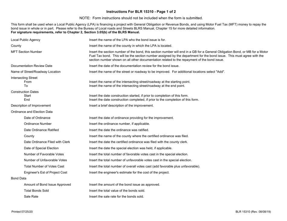 Form BLR15310 General Improvement Bond Issues - Description, Ordinance, Election, and Bond Data - Illinois, Page 2