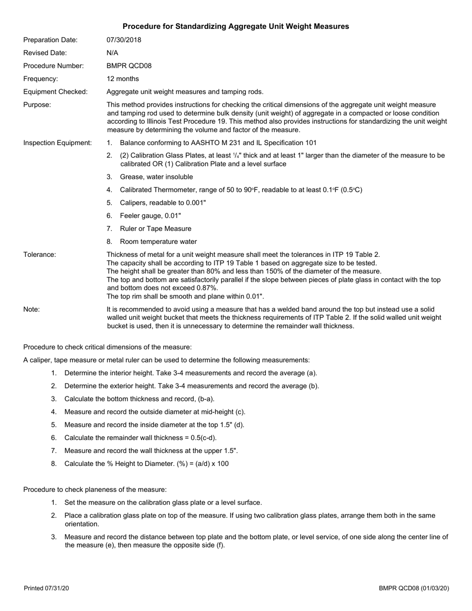 Form BMPR QCD08 Standardization of Aggregate Unit Weight Measures - Illinois, Page 2