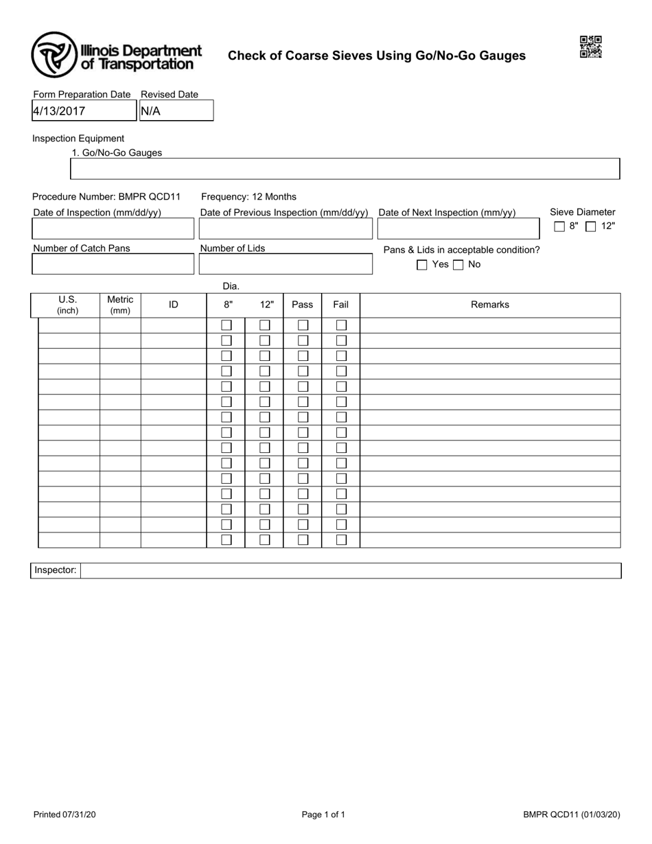 Form BMPR QCD11 Check of Coarse Sieves Using Go / No-Go Gauges - Illinois, Page 1