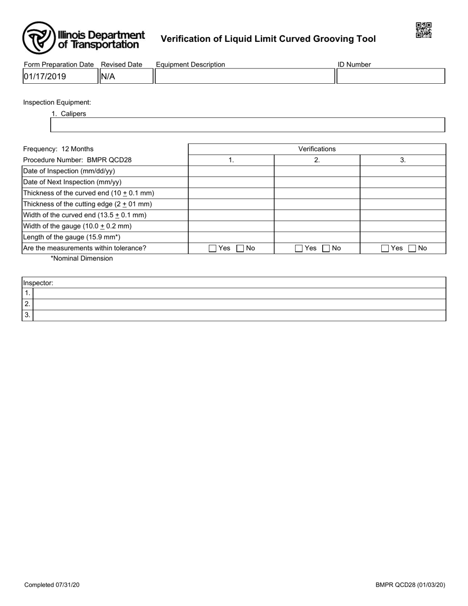 Form BMPR QCD28 Verification of Liquid Limit Curved Grooving Tool - Illinois, Page 1