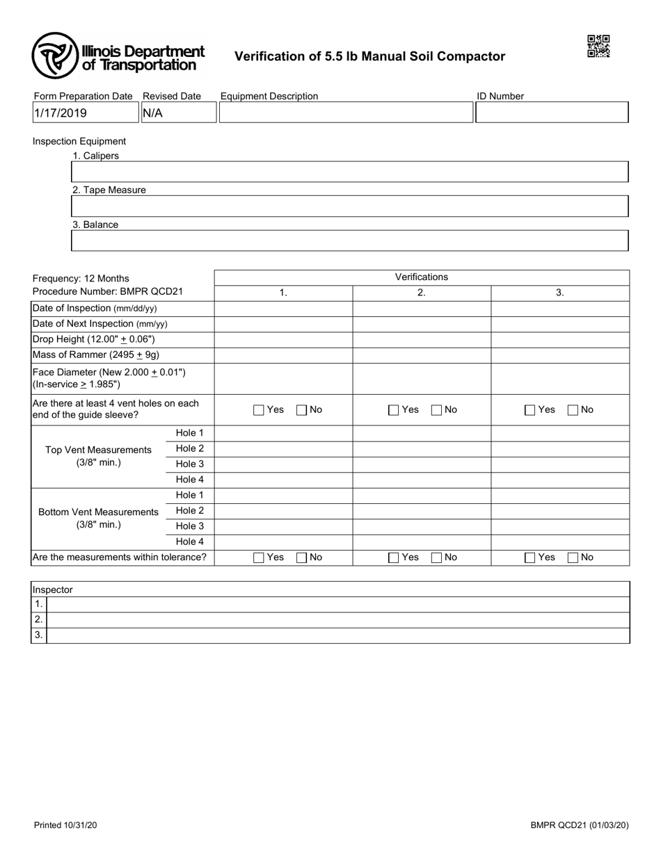 Form BMPR QCD21 Verification of 5.5 Lb Manual Soil Compactor - Illinois, Page 1