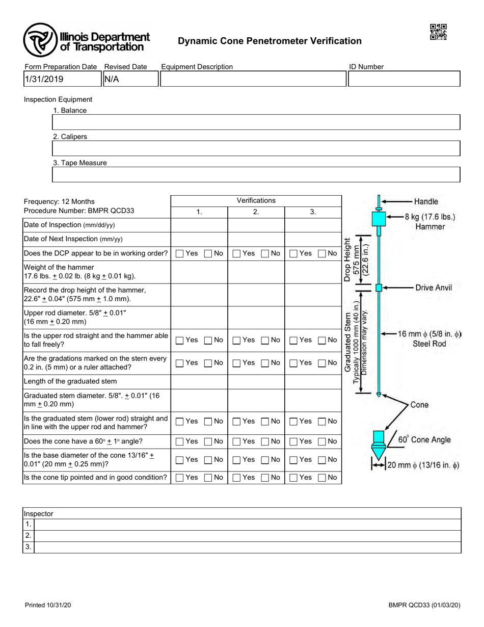 Form BMPR QCD33 Dynamic Cone Penetrometer Verification - Illinois, Page 1