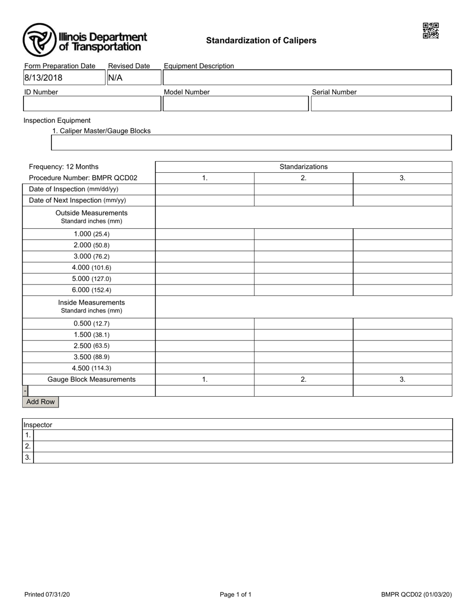 Form BMPR QCD02 Standardization of Calipers - Illinois, Page 1