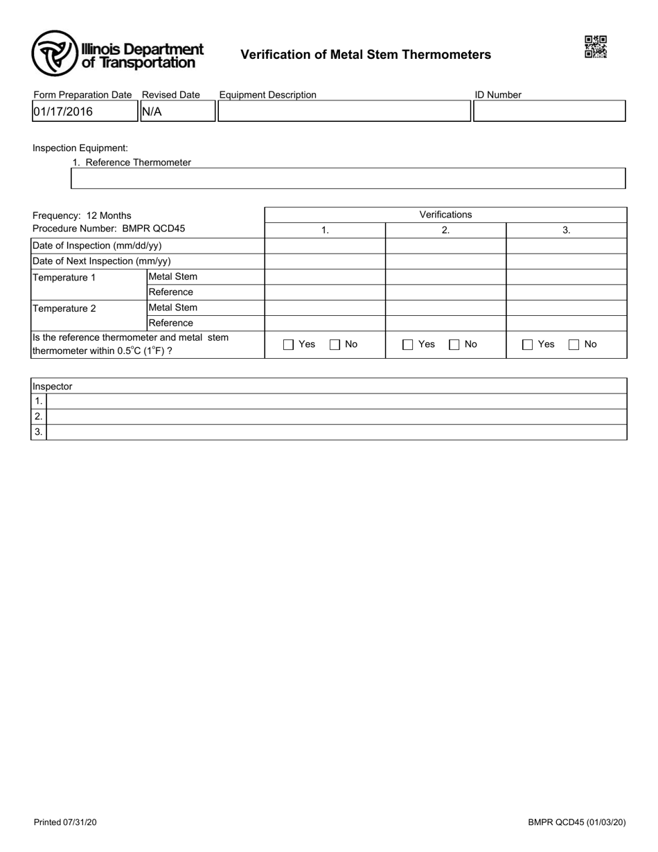 Form BMPR QCD45 Verification of Metal Stem Thermometers - Illinois, Page 1