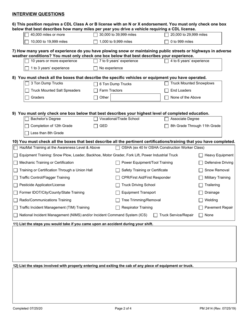 Form PM2414 Application for Snow Removal Operator (Hourly Snowbirds) - Illinois, Page 2
