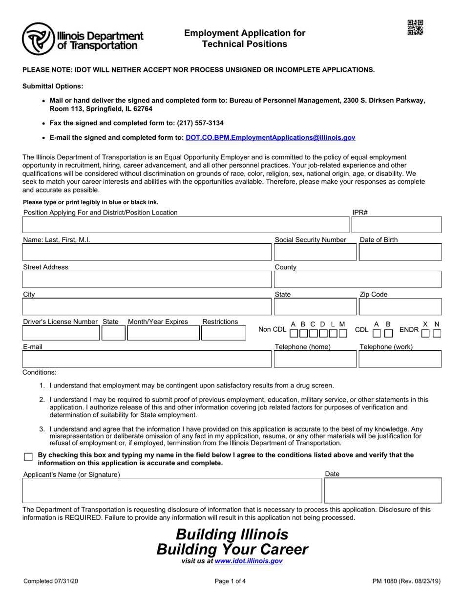 Form PM1080 Employment Application for Technical Positions - Illinois, Page 1