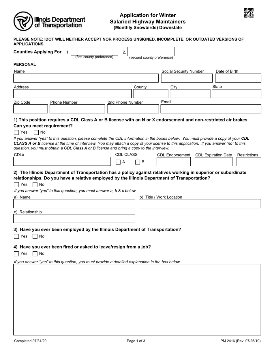 Form PM2416 Application for Winter Salaried Highway Maintainers (Monthly Snowbirds) Downstate - Illinois, Page 1