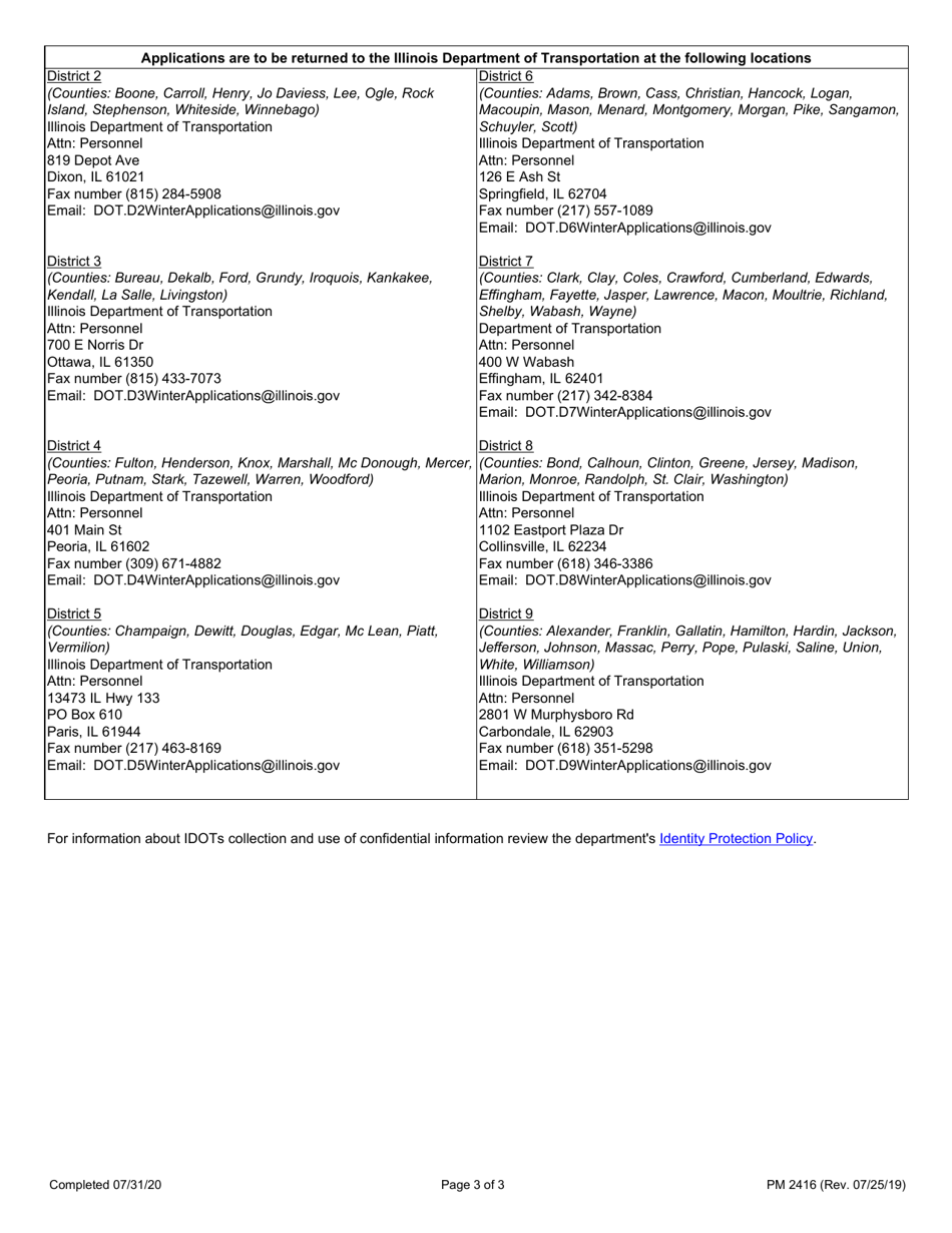 Form PM2416 Application for Winter Salaried Highway Maintainers (Monthly Snowbirds) Downstate - Illinois, Page 3