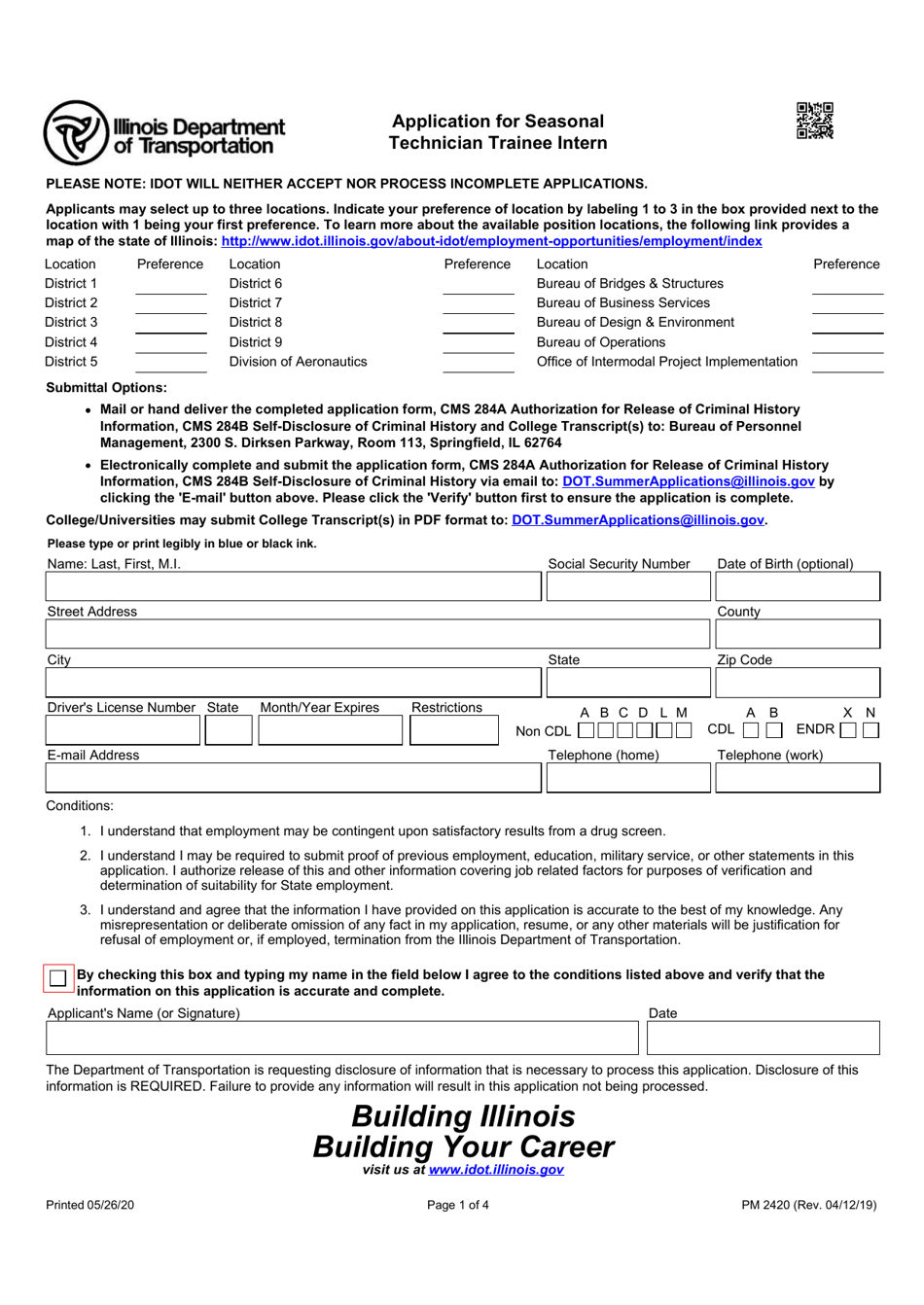 Form PM2420 Application for Seasonal Technician Trainee Intern - Illinois, Page 1