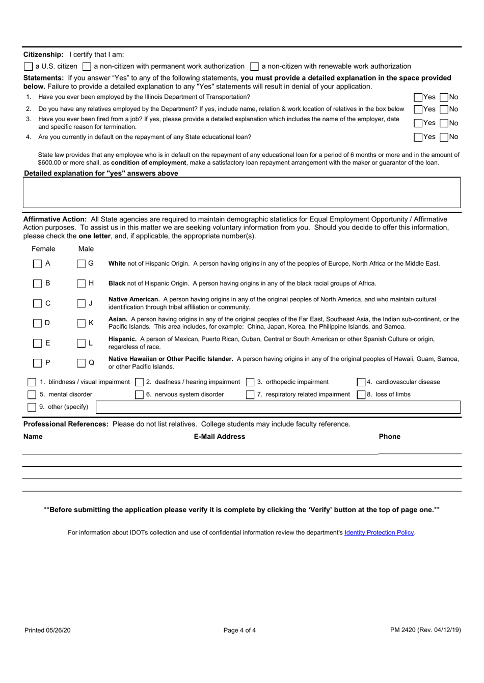 Form PM2420 Application for Seasonal Technician Trainee Intern - Illinois, Page 4