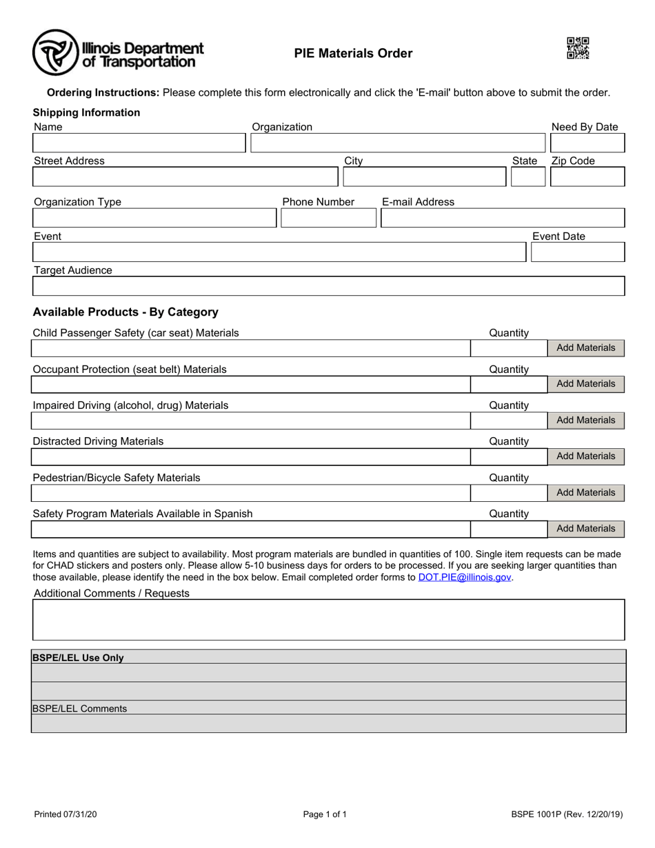 Form BSPE1001P Pie Materials Order - Illinois, Page 1