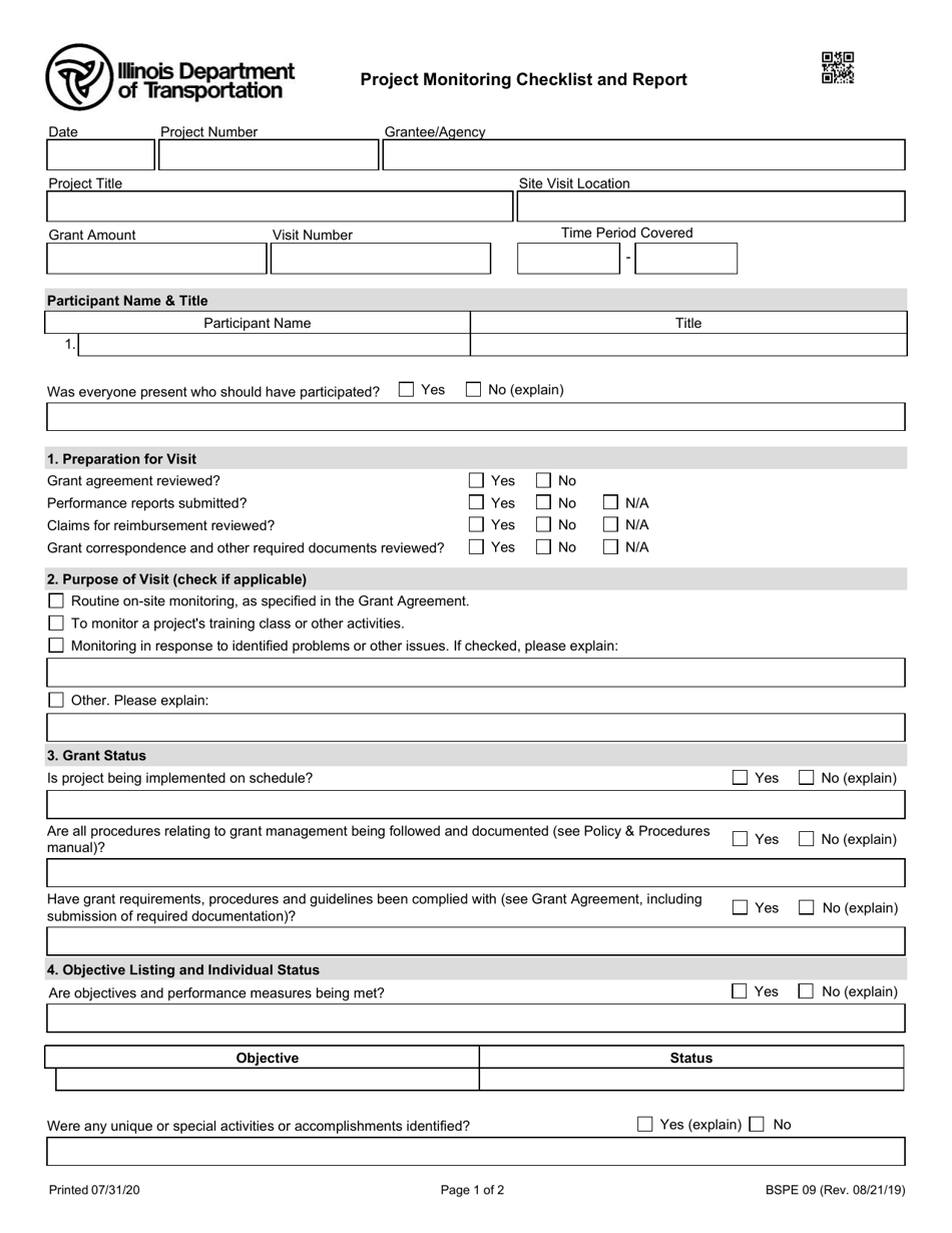 Form BSPE09 Project Monitoring Checklist and Report - Illinois, Page 1