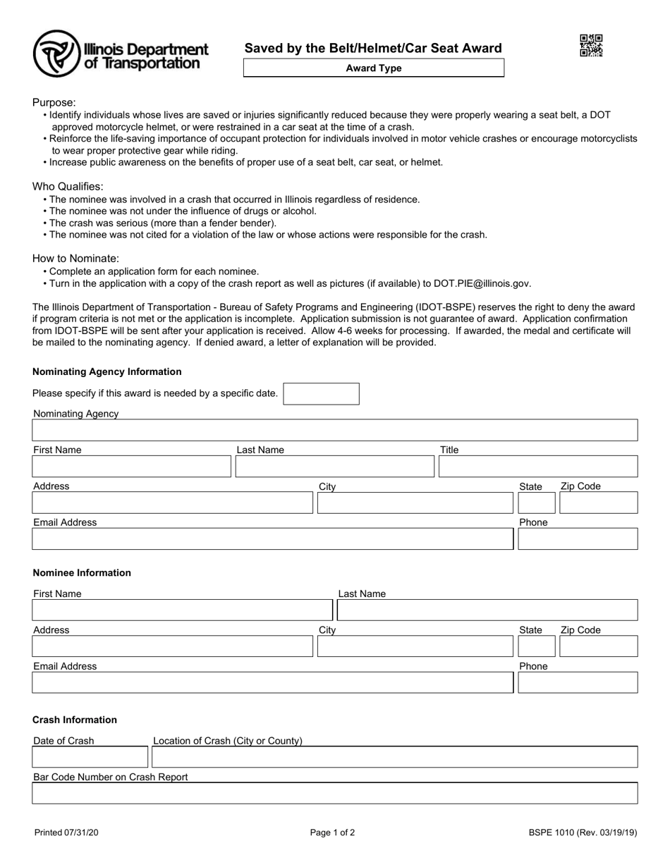 Form BSPE1010 Saved by the Belt / Helmet / Car Seat Award - Illinois, Page 1
