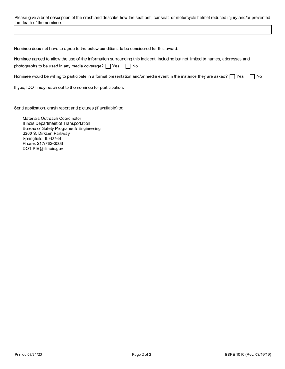 Form BSPE1010 Saved by the Belt / Helmet / Car Seat Award - Illinois, Page 2
