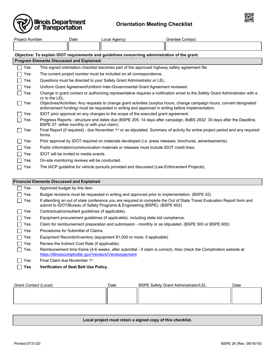 Form BSPE26 Orientation Meeting Checklist - Illinois, Page 1