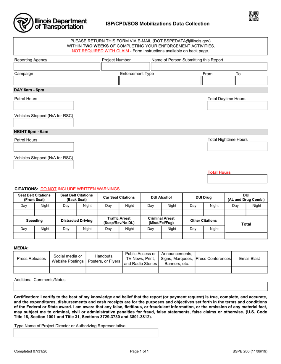 Form BSPE206 Isp / Cpd / Sos Mobilizations Data Collection - Illinois, Page 1