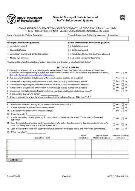 Form BSPE727 Biennial Survey of State Automated Traffic Enforcement Systems - Illinois