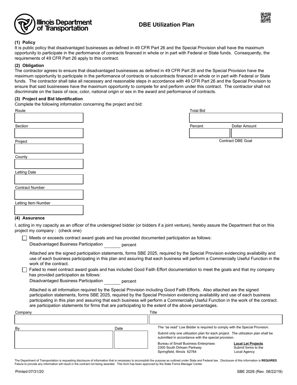 Form SBE2026 Dbe Utilization Plan - Illinois, Page 1