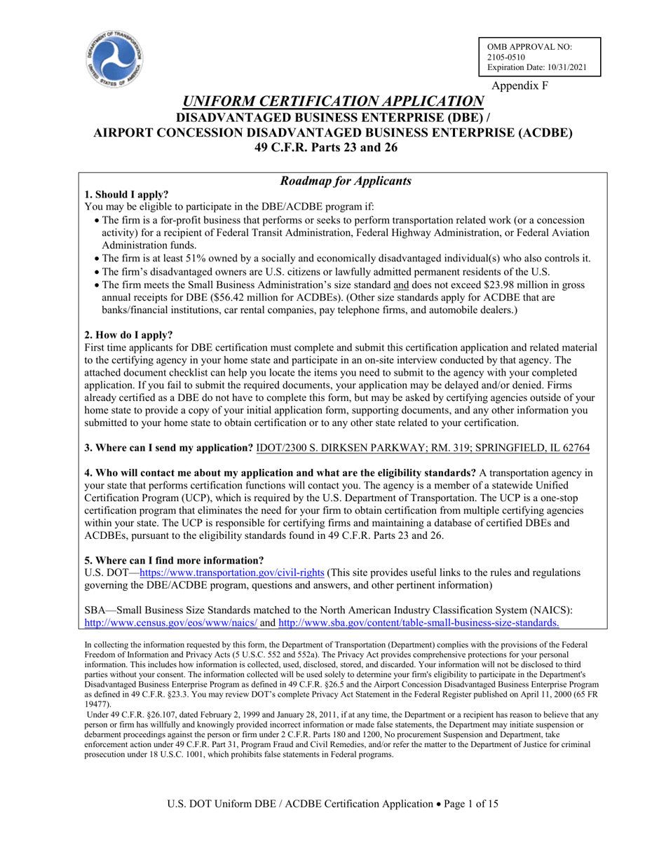 Uniform Certification Application Disadvantaged Business Enterprise