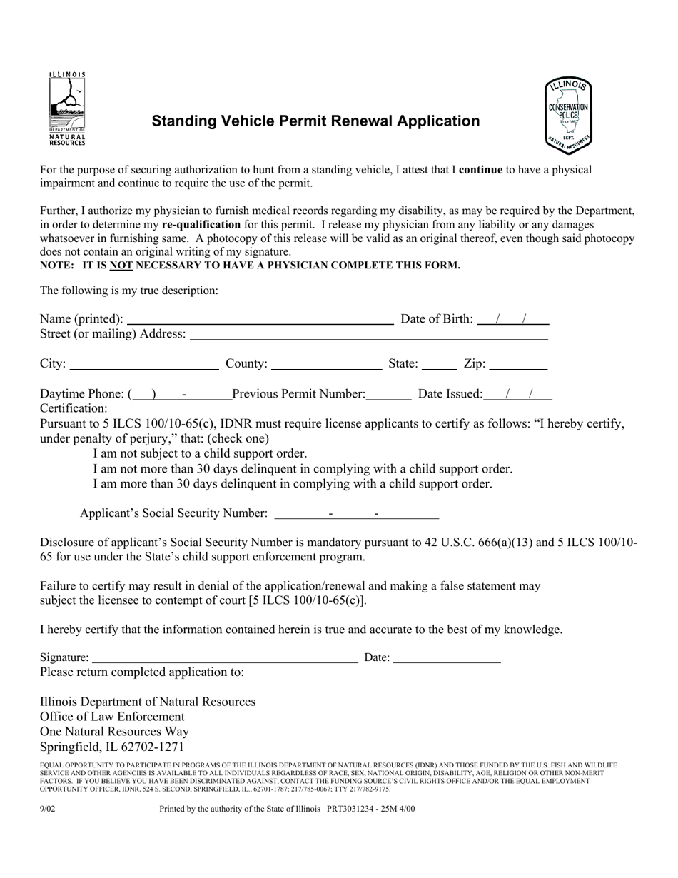 Standing Vehicle Permit Renewal Application - Illinois, Page 1
