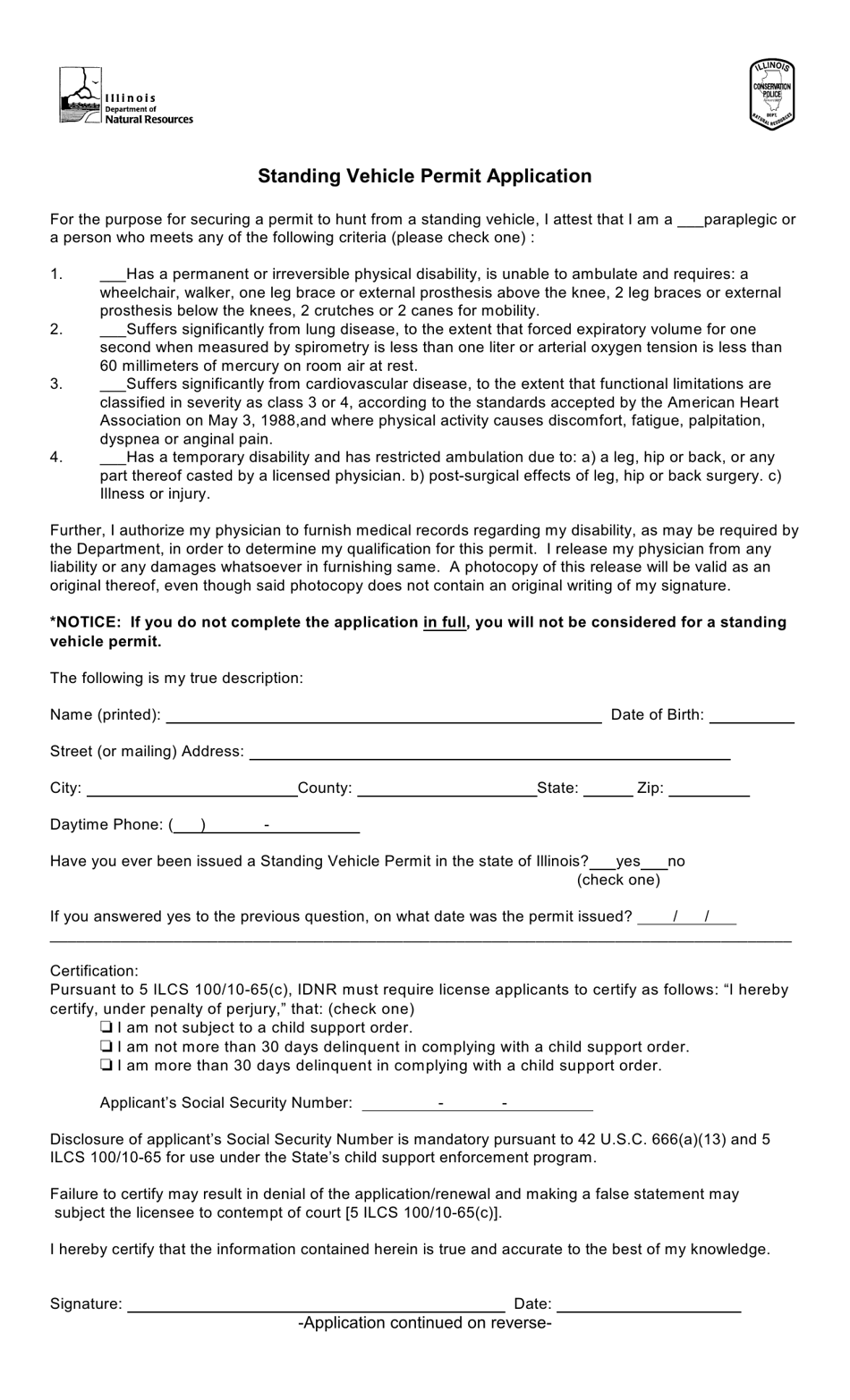 Standing Vehicle Permit Application - Illinois, Page 1