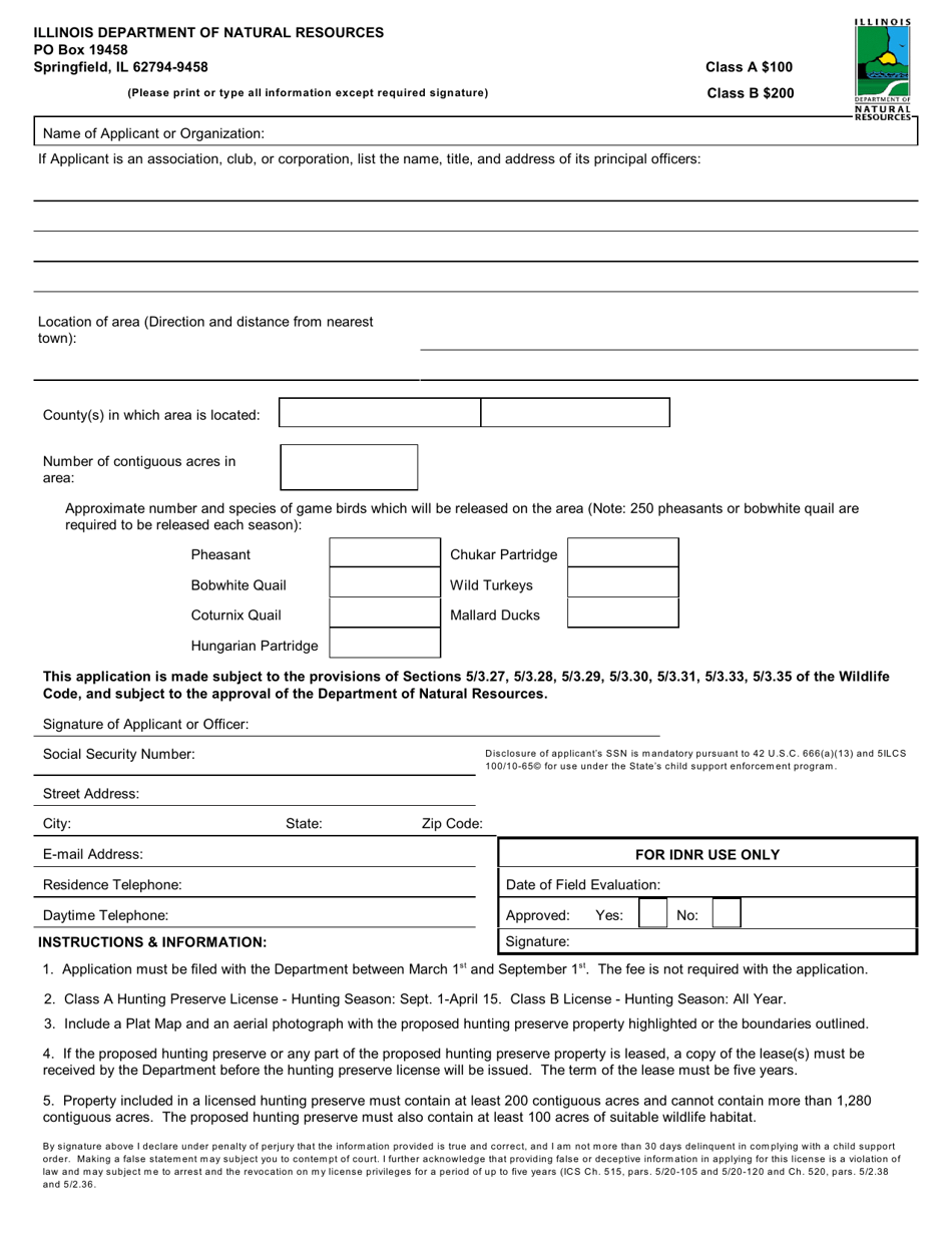 Game Breeding  Hunting Preserves Application - Illinois, Page 1
