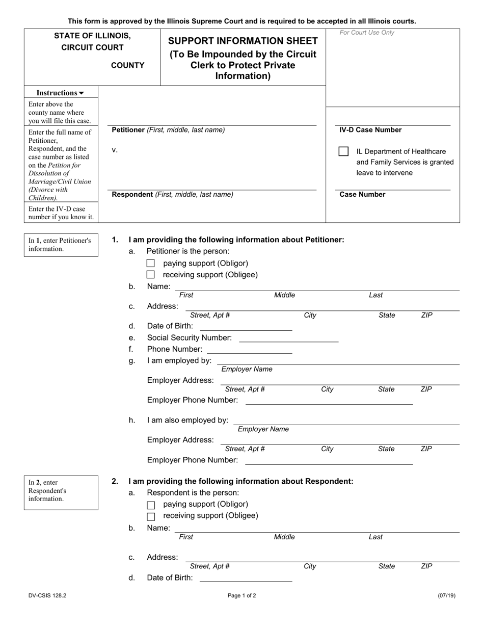 Form DV-CSIS128.2 Support Information Sheet - Illinois, Page 1
