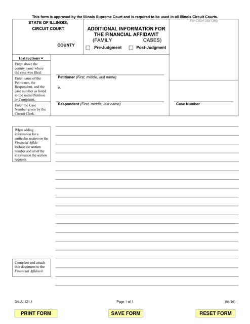 Form DV-AI121.1 Additional Information for Financial Affidavit - Family and Divorce Cases - Illinois