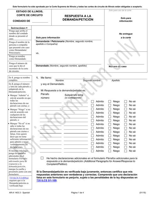 Formulario AR-A1403.3 Respuesta a La Demanda/Peticion - Illinois (Spanish)
