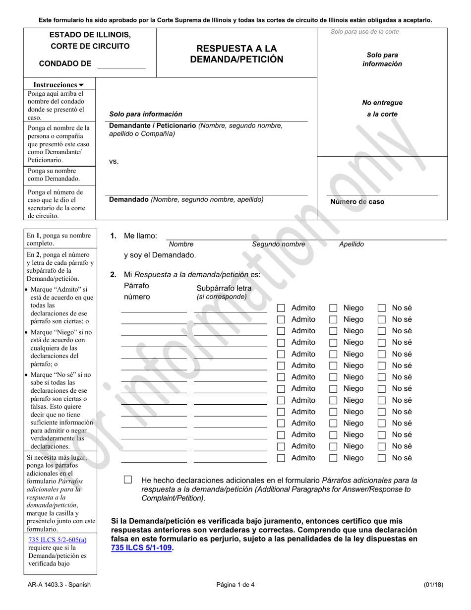 Formulario AR-A1403.3 Respuesta a La Demanda / Peticion - Illinois (Spanish), Page 1