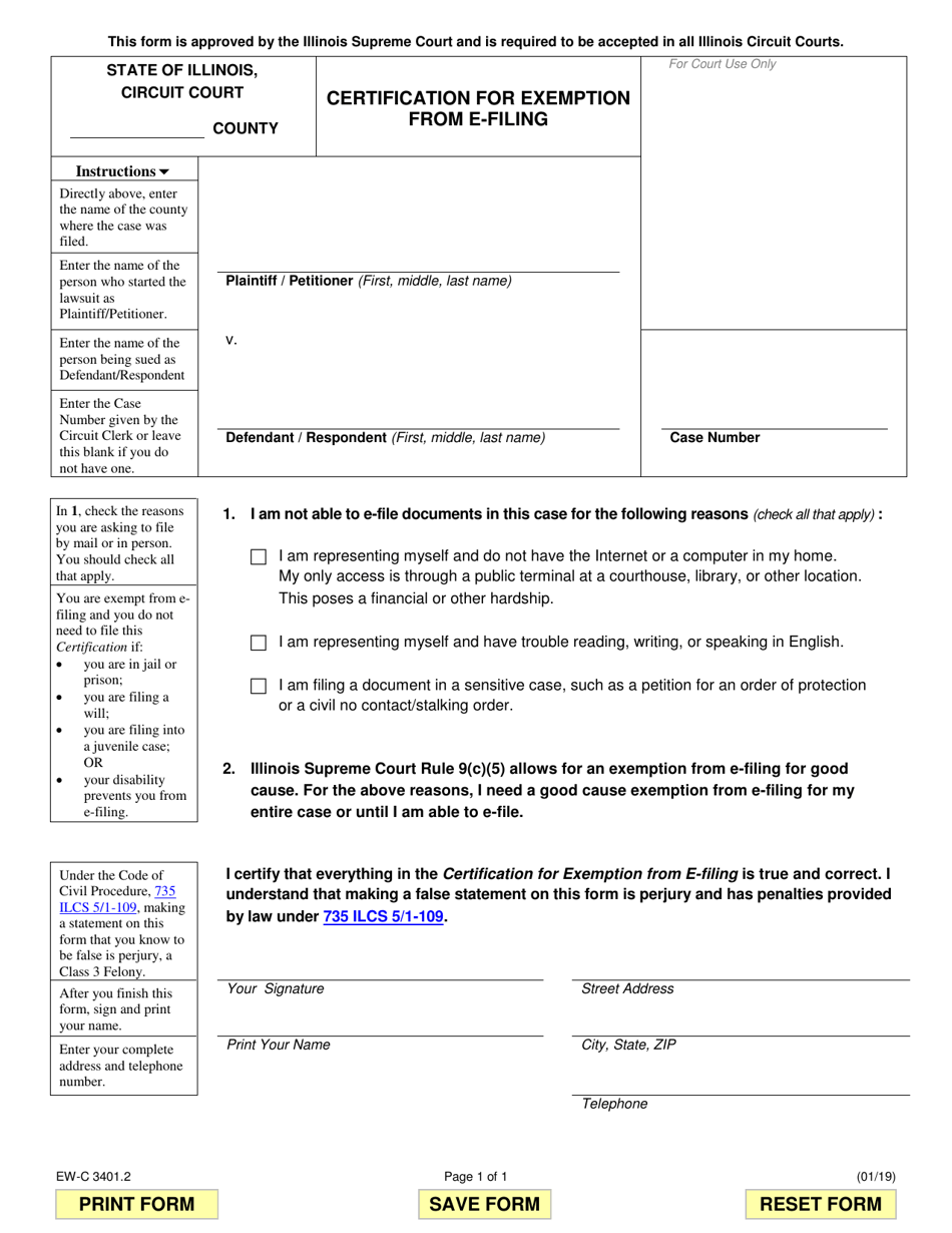Form EW-C3401.2 Certification for Exemption From E-Filing - Illinois, Page 1