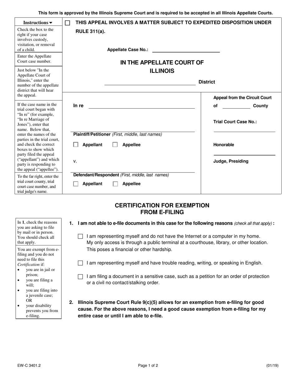 Form EW-C3401.2 Certification for Exemption From E-Filing - Illinois, Page 1