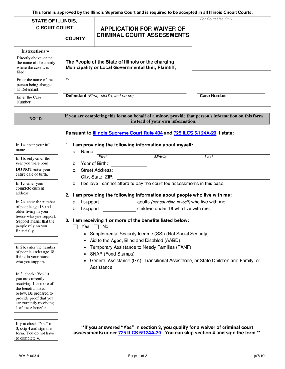 Form WA-P603.4 Application for Waiver of Criminal Court Assessments - Illinois, Page 1