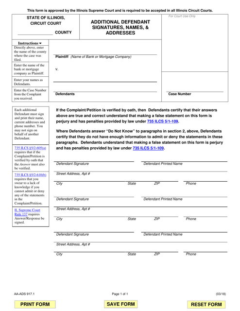 Form AA-ADS917.1 Additional Defendant Signatures, Names, & Addresses - Illinois