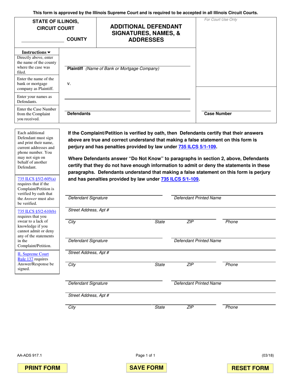 Form AA-ADS917.1 Additional Defendant Signatures, Names,  Addresses - Illinois, Page 1