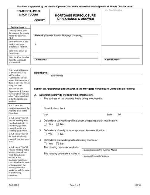 Form AA-A907.5 Mortgage Foreclosure Appearance & Answer - Illinois