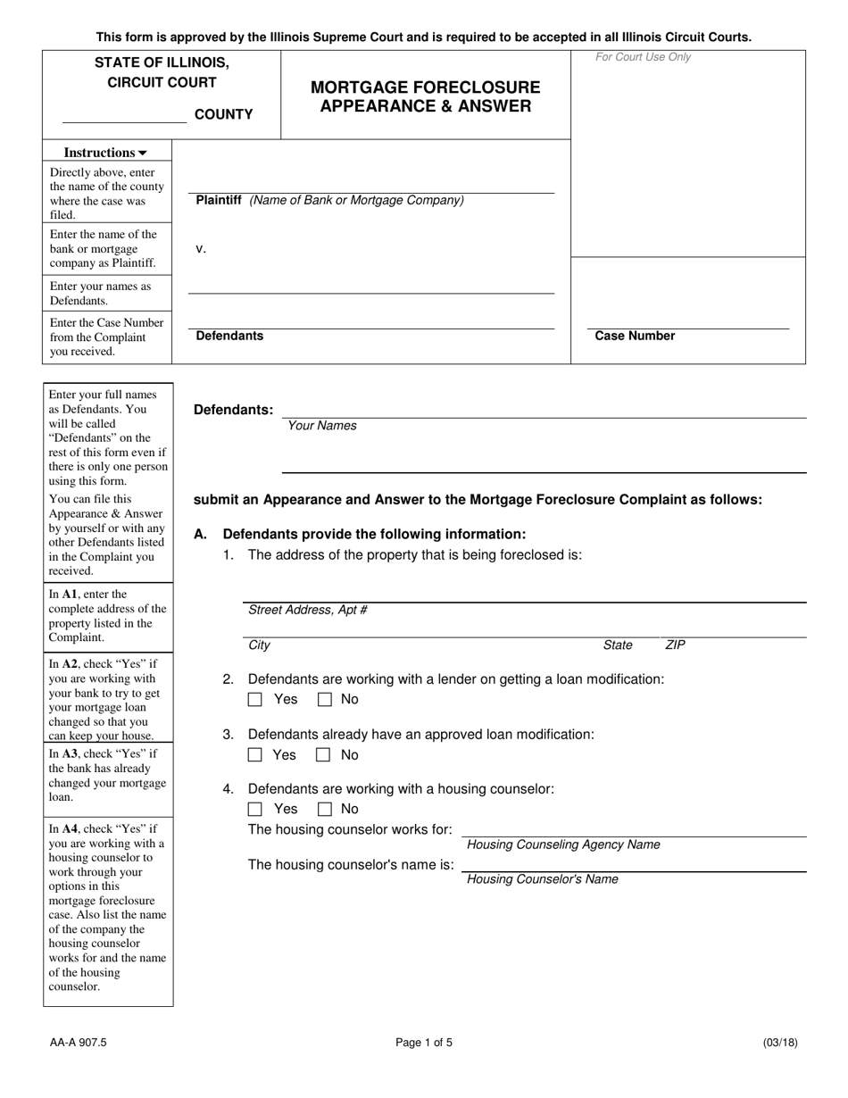 Form AA-A907.5 Mortgage Foreclosure Appearance  Answer - Illinois, Page 1