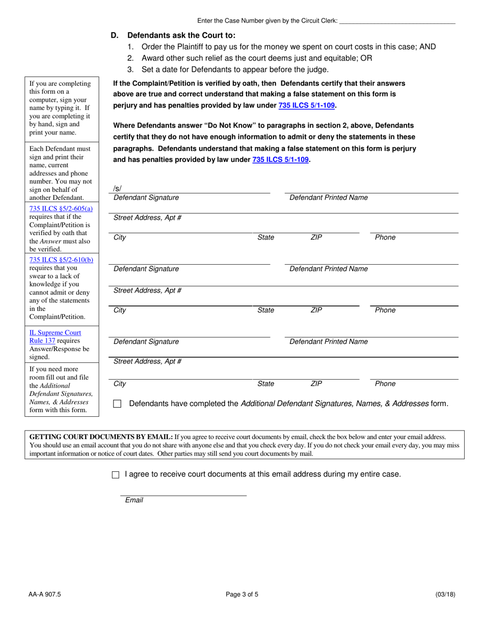Form AA-A907.5 Mortgage Foreclosure Appearance  Answer - Illinois, Page 3