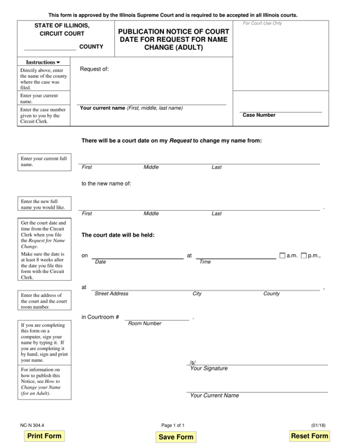 Form NC-N304.4 Publication Notice of Court Date for Request for Name Change (Adult) - Illinois