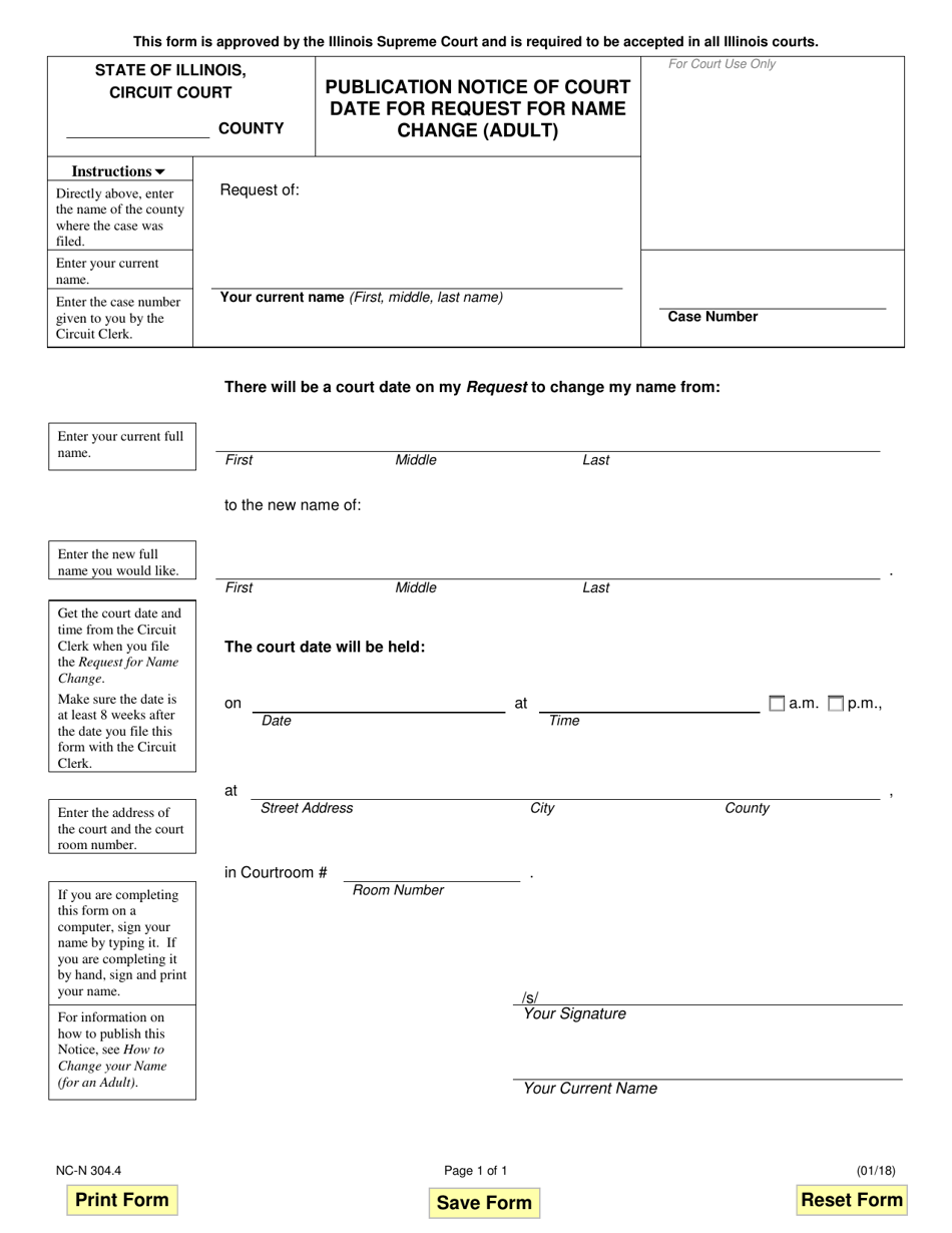Form NC-N304.4 Publication Notice of Court Date for Request for Name Change (Adult) - Illinois, Page 1