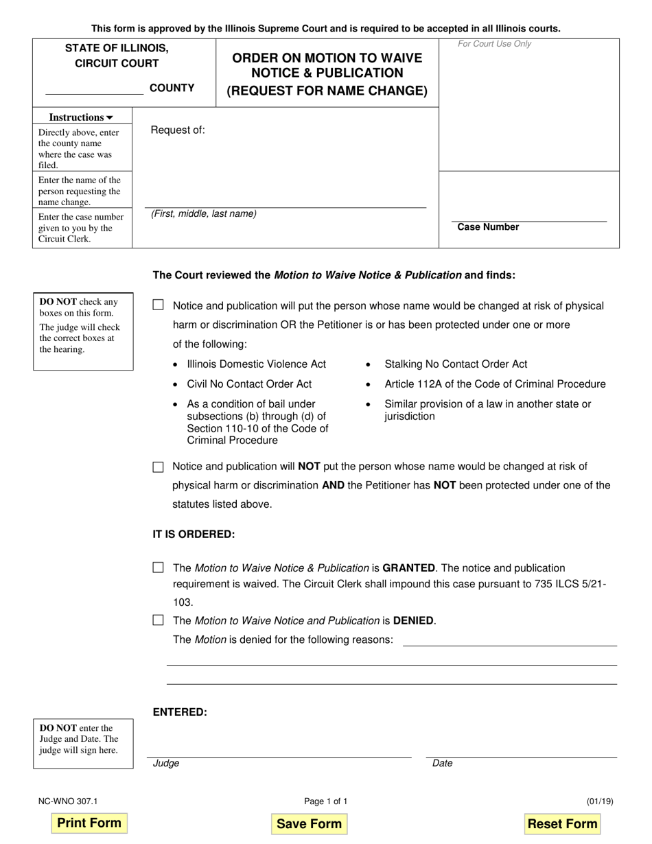 Form NC-WNO307.1 Order on Motion to Waive Notice  Publication (Request for Name Change) - Illinois, Page 1