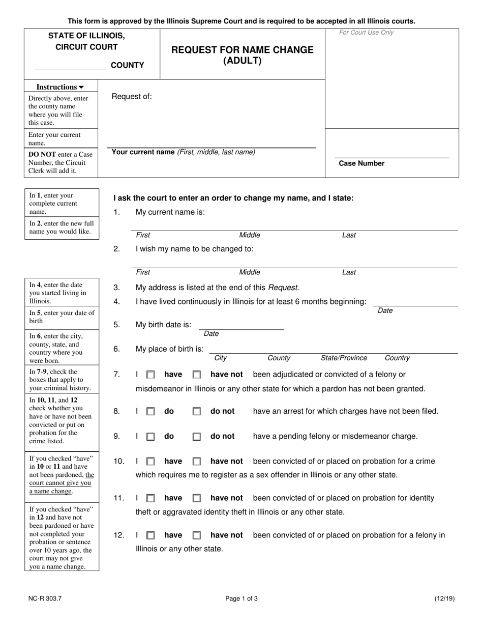 Form NC-R303.7 Request for Name Change (Adult) - Illinois, Page 1