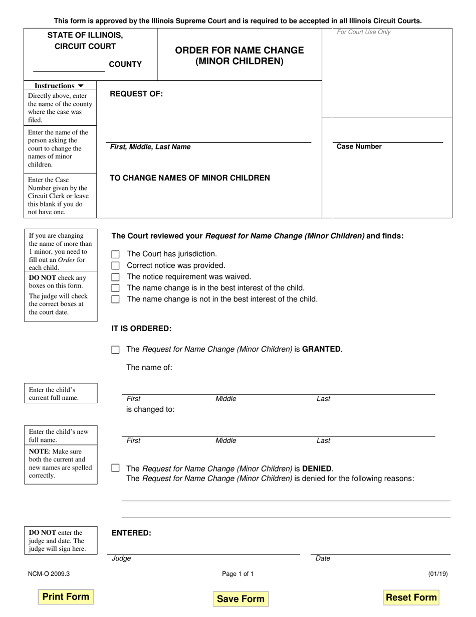 Form NCM-O2009.3 Order for Name Change (Minor Children) - Illinois, Page 1