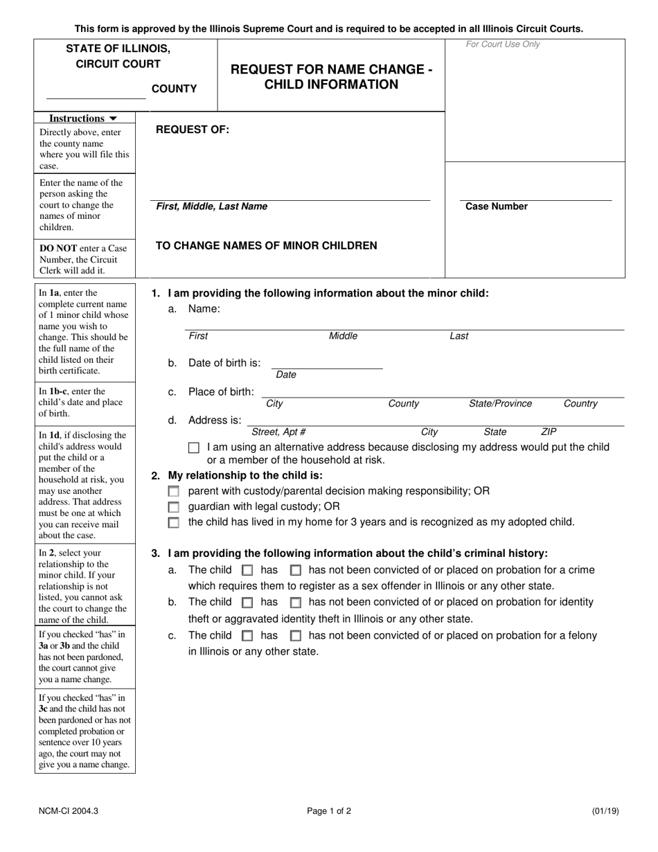 Form NCM-CI2004.3 Request for Name Change - Child Information - Illinois, Page 1