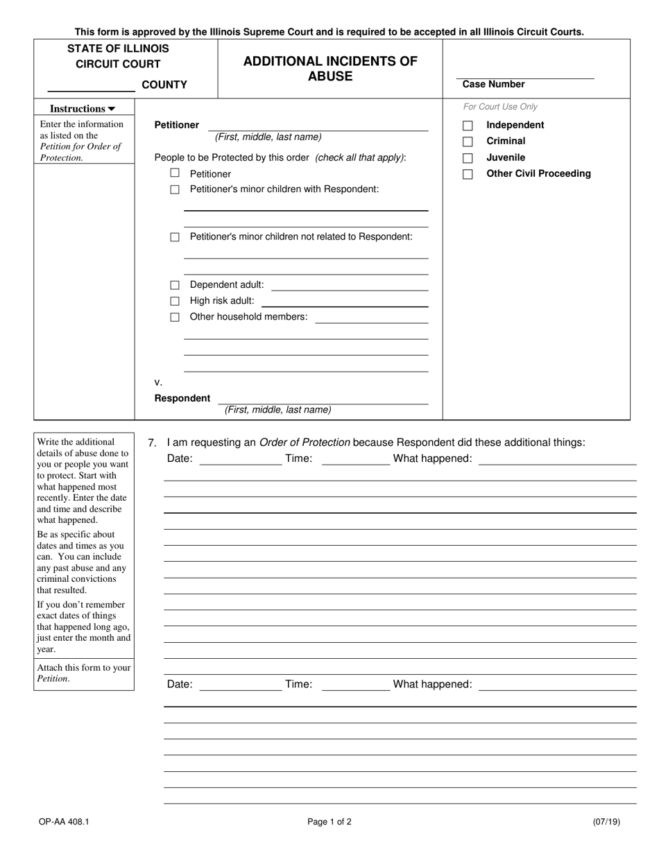 Form OP-AA408.1 Additional Incidents of Abuse - Illinois, Page 1