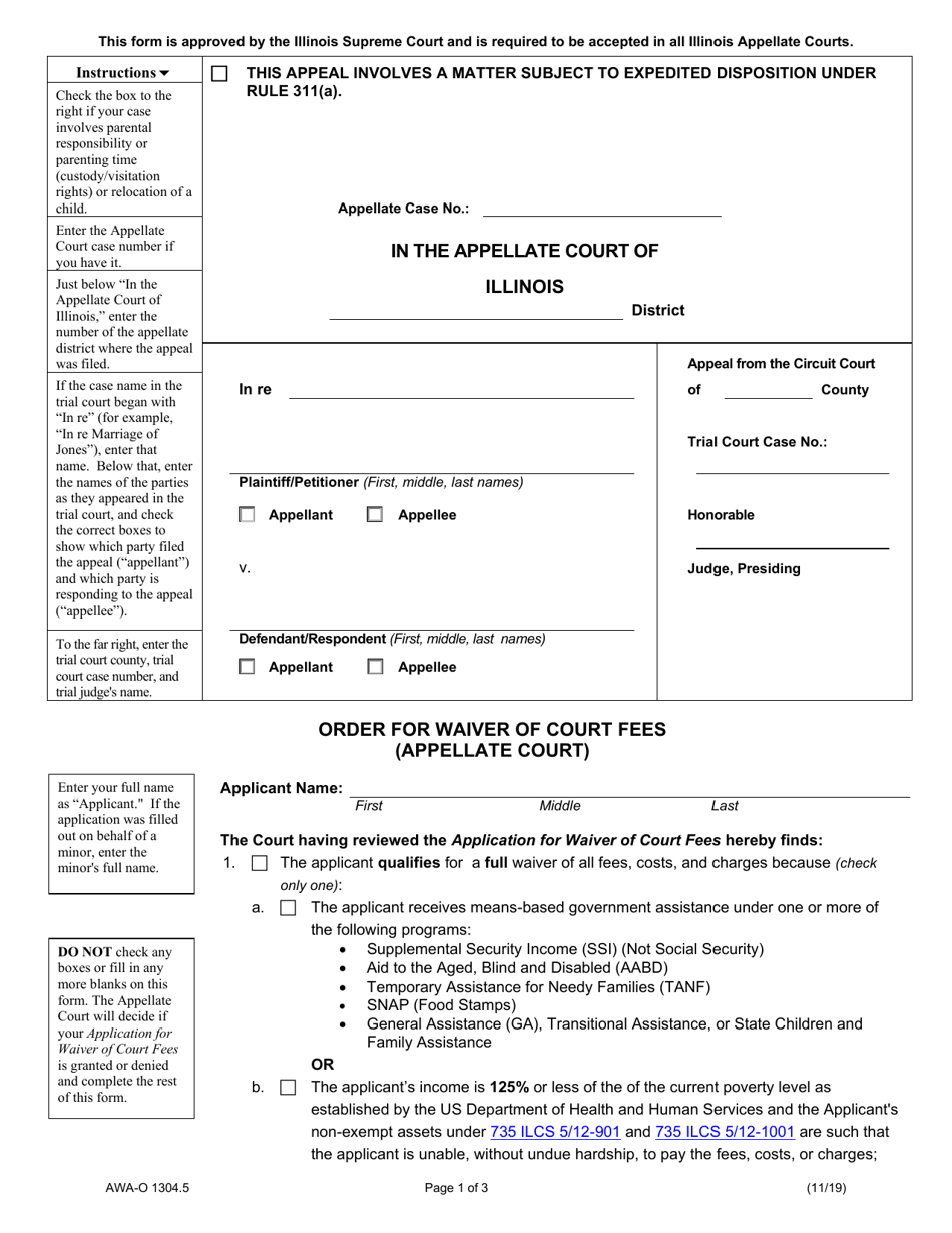 Form AWA-O1304.5 Order for Waiver of Court Fees (Appellate Court) - Illinois, Page 1