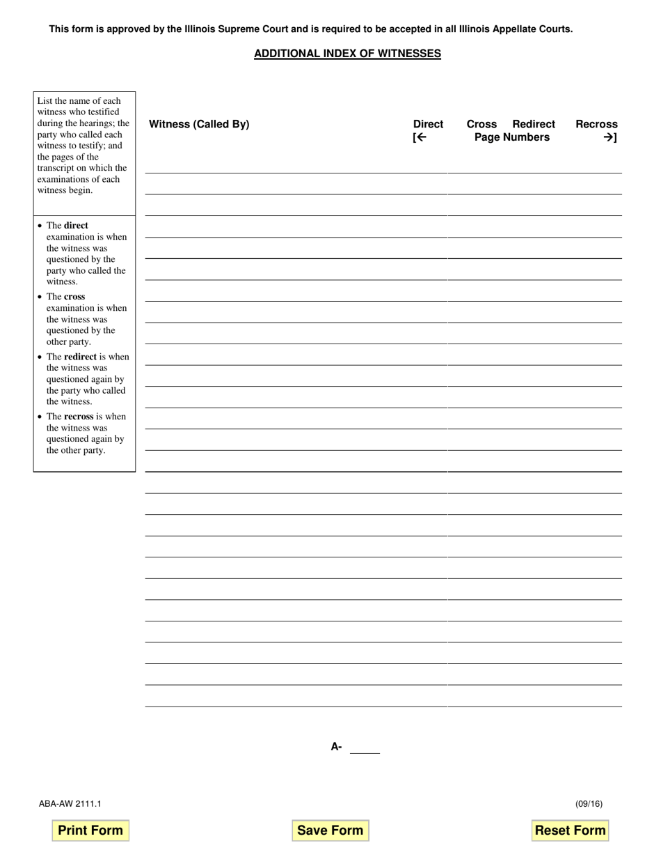 Form ABA-AW2111.1 Additional Index of Witnesses - Illinois, Page 1